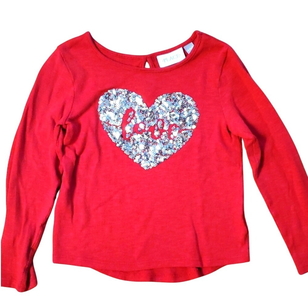 Children's Place Girls Long Sleeve Sequin Heart Love‎ Shirt Size 5-6
